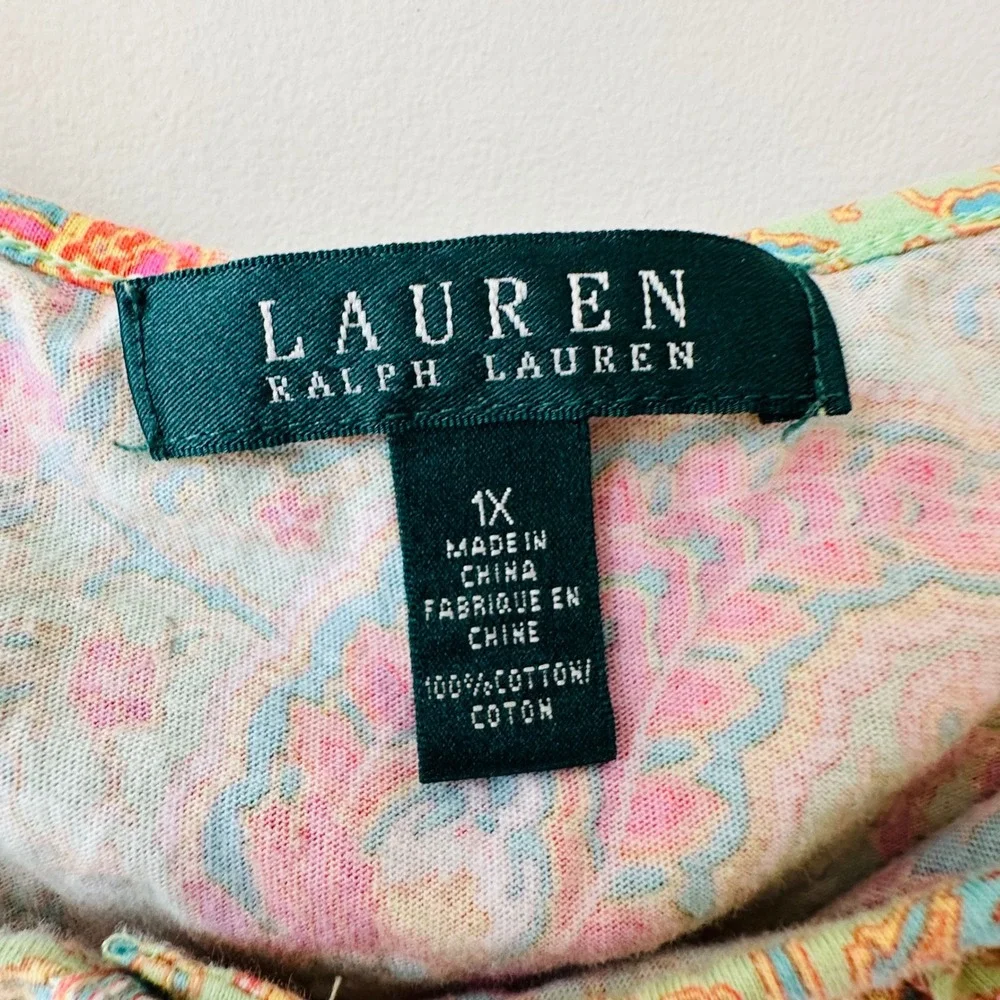 Vintage 90s Y2K Lauren Ralph Lauren 1X Plus Paisley Ruffle Neck Cotton Knit Top